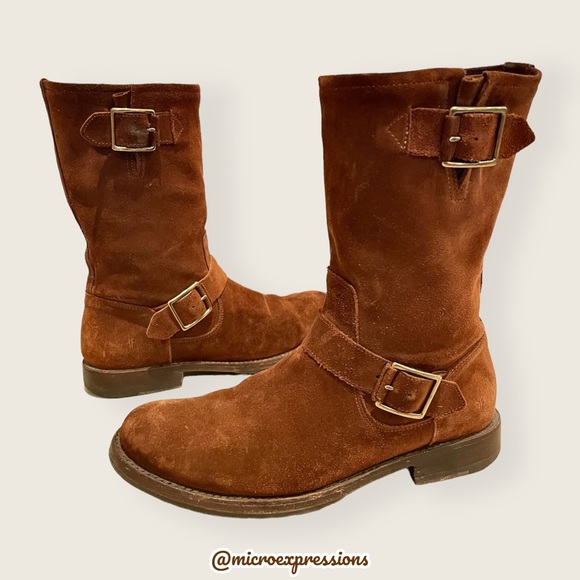 $389 Veronica Short Belted Brown Suede Leather Popular Moto Vintage Combat Boot - Picture 8 of 16